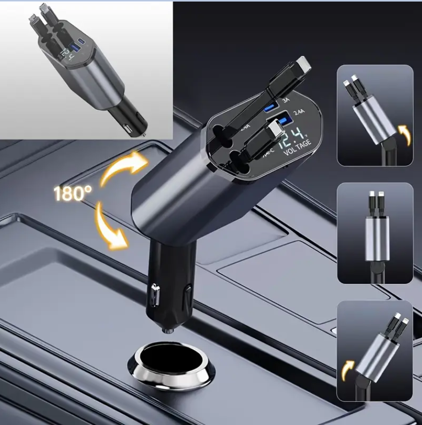Chargeur de voiture 4 en 1 , avec ports USB et Type-C